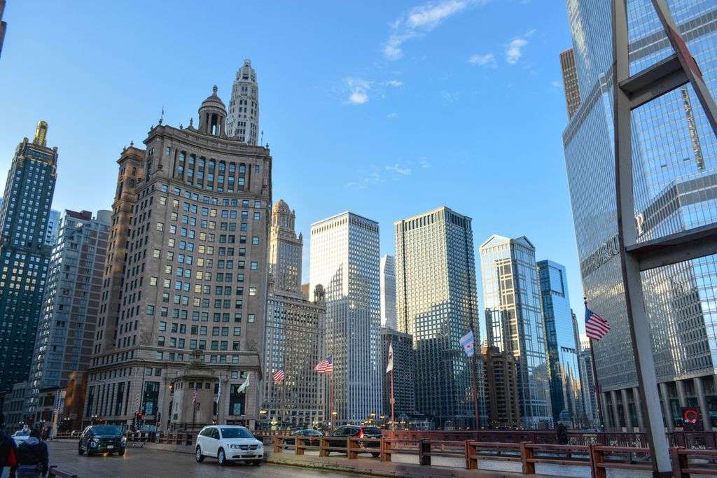 Stunning view of downtown Chicago's iconic skyline featuring historic and modern architecture.