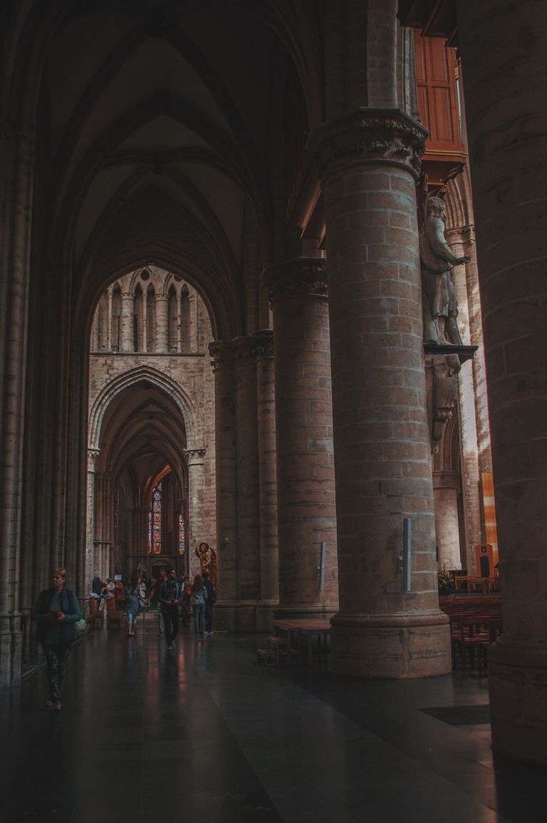 Explore the stunning architecture of a gothic cathedral featuring towering stone columns and dimly lit interiors.